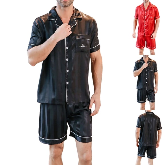 Bovxnpu Men Satin Silk Pajamas Sets Short Sleeve Button-Down Sleepwear Short Sleeve Set Silk Satin Shorts Summer Comfortable Sleepwear