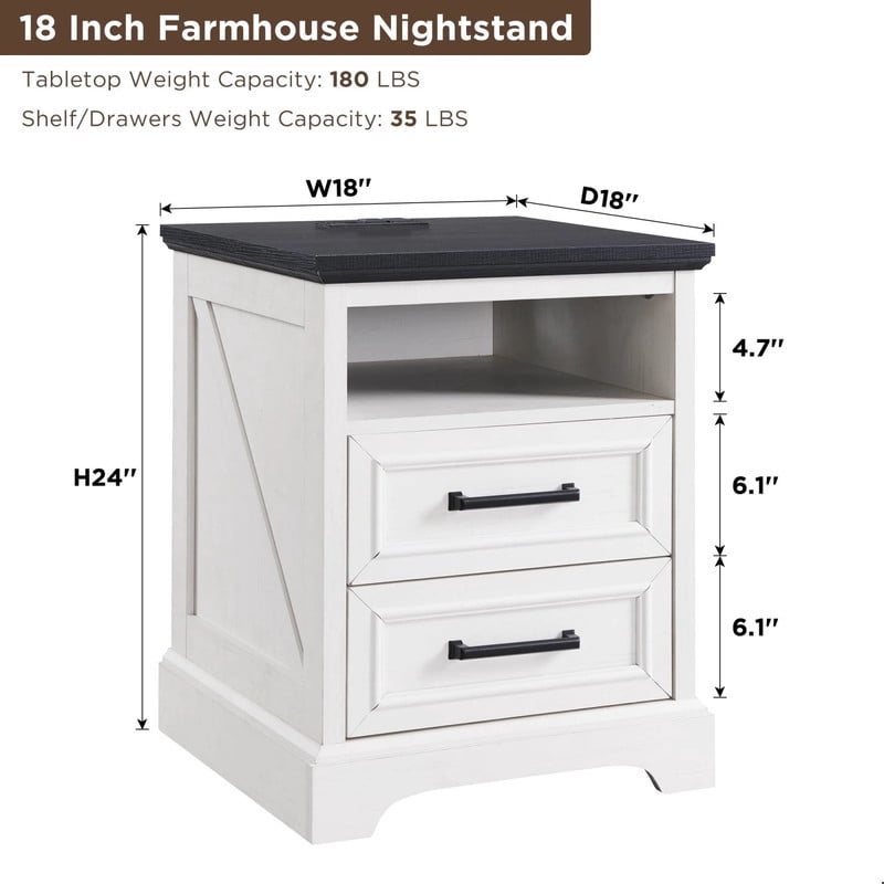 Kelno 18" Nightstand with Charging Station Farmhouse Wooden End Table with 2 Drawers USB TypeC Outlets，White