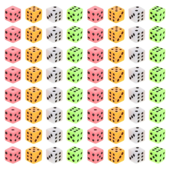 Miangastore 100pcs Square Corner Mini Dice Set featuring six-sided 8mm colorful game pieces in assorted bright colors, including pink, yellow, green, and white. Perfect for tabletop games, party fun, crafting, and educational activities. Compact and lightweight design for portability.
