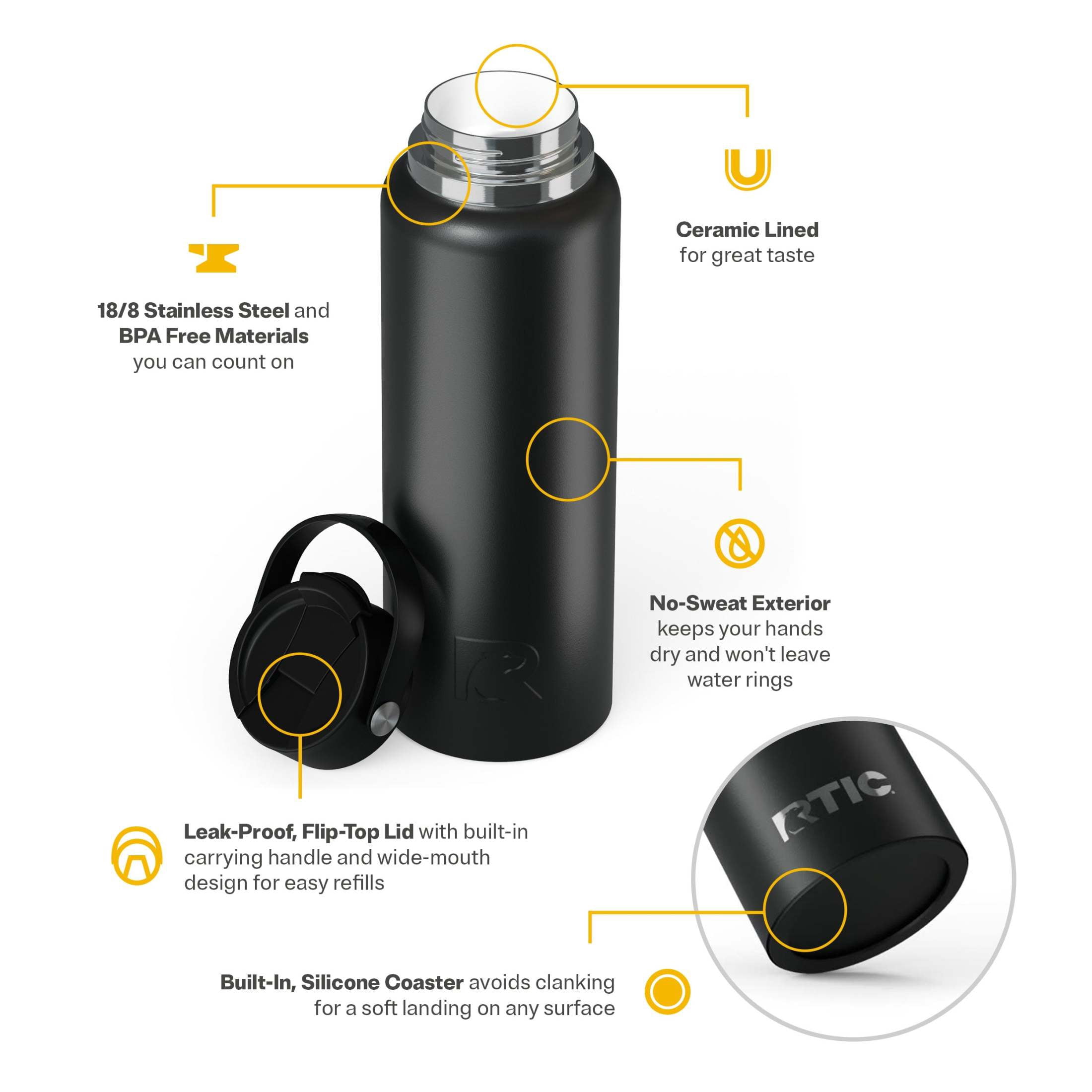 RTIC 40 oz Ceramic Lined Insulated Outback Water Bottle, Leak Resistant, Black