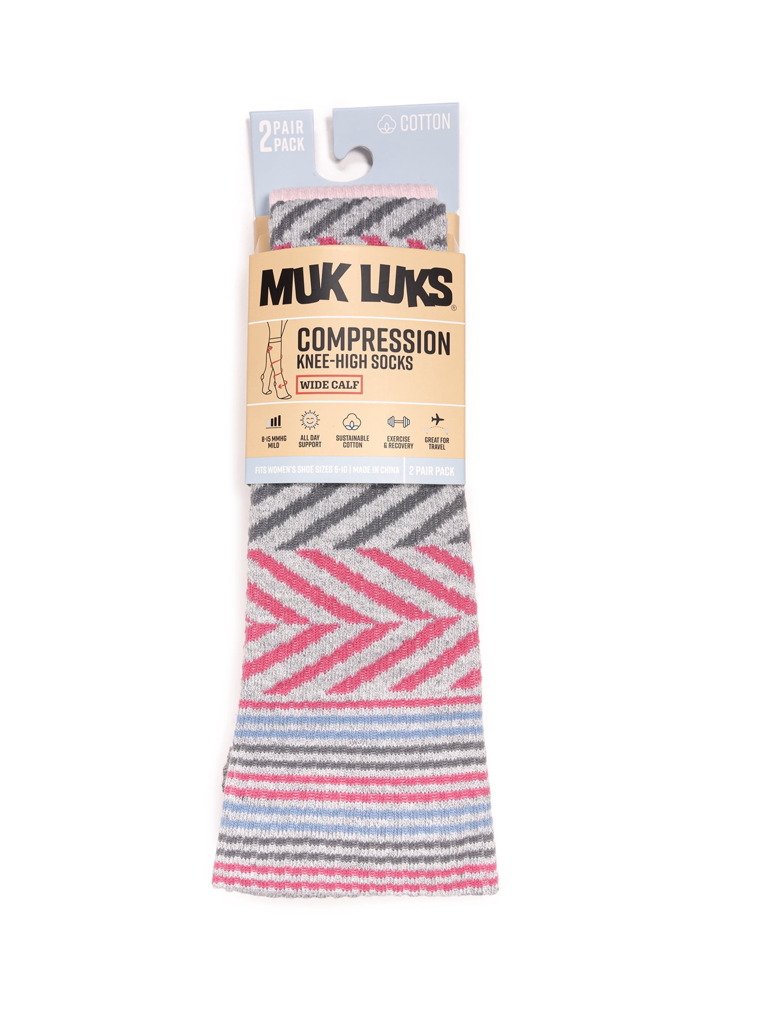 MUK LUKS Women's Wide Width Compression Cotton Knee-High Socks, 2-Pack, Shoe Size 6-10