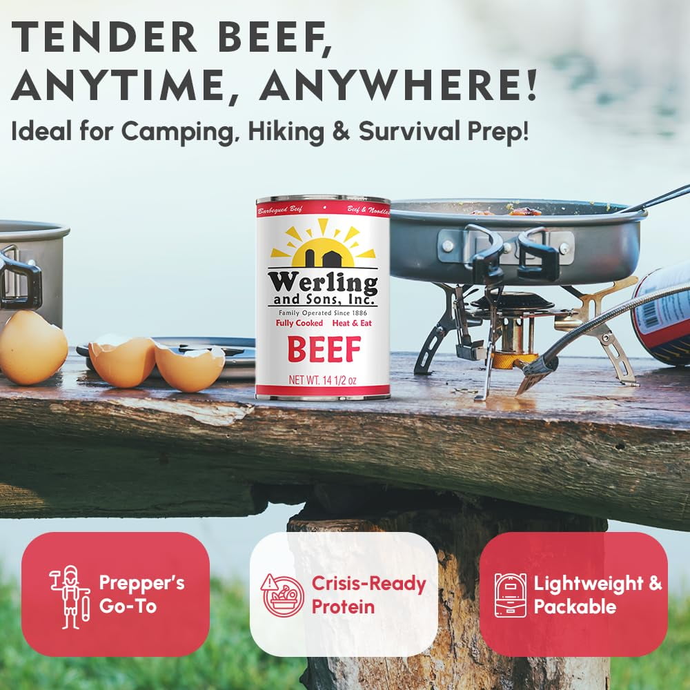 (Pack of 12) Werling and Sons Canned Beef 14.5 Oz Fully Cooked Heat & Eat Shelf Stable Canned Meat for Long Term Storage Recipe Ready Canned Food Camping Hiking Emergency Preparedness Quality Meat