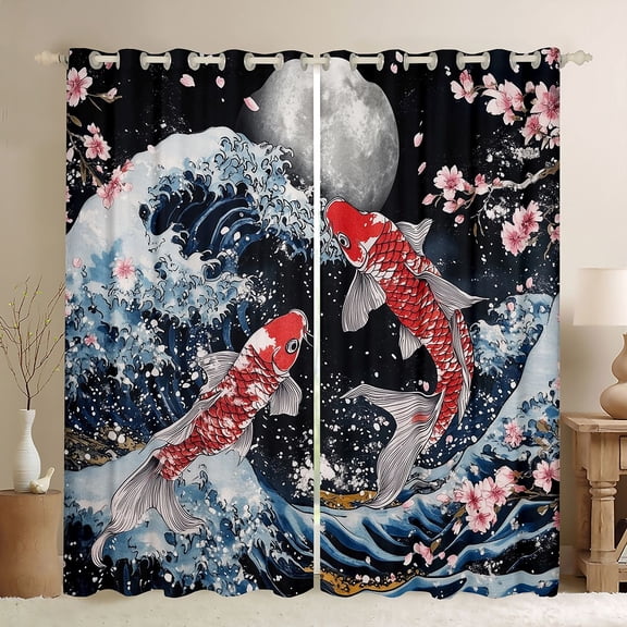 Manfei Japanese Koi Moon Black Out Curtains for Girls, Night Wave Curtains Pack of 2 (42x63 Each), Blue Red