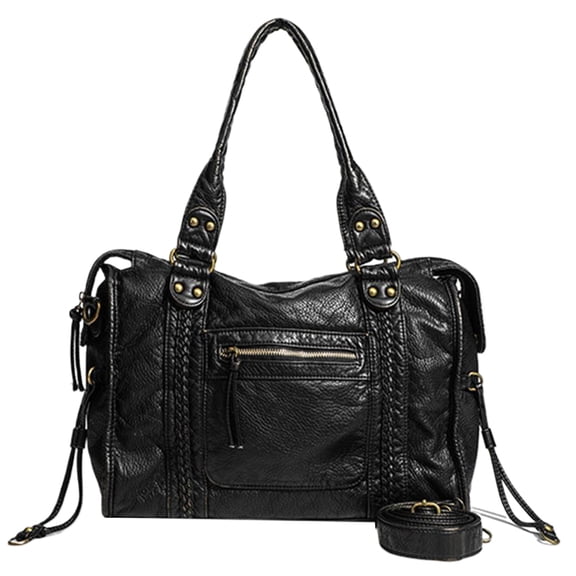 HUISZJ Retro Shoulder Bag, Top Handle Bag with Pockets, Leisure Large Capacity Leather Handbag for Travel Commute Work (Black)