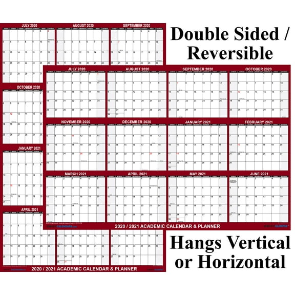 24" x 36" SwiftGlimpse 2020-2021 Academic Wall Calendar Dry Erase Erasable, Large, Wet & Dry Erase Laminated, June - July Yearly Planner Maroon