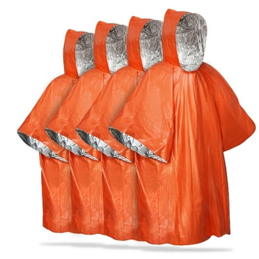 FosPower Emergency Rain Poncho [4 Pack] [Retains 90% Body Heat] Reusable Weather Resistant Raincoat for Men, Women, Adults, Camping, Hiking, Emergency Supplies & Survival Kits (Orange)