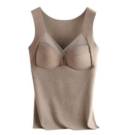 Umfun Women Thermal Tank Tops Casual Trendy Mesh V Neck Fleece Camisole Sleeveless Underwear Solid Warm Base Layer Underwear Top Brown XL