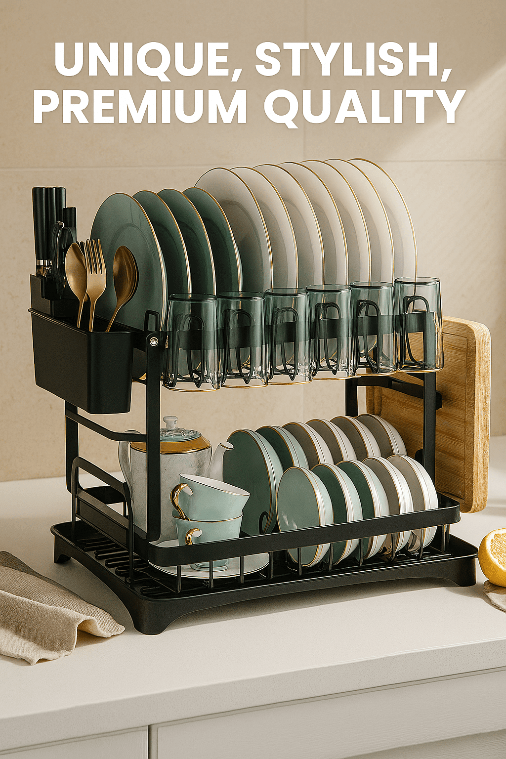 Vallary 2-Tier Dish Drying Rack with Drainboard – Rustproof Steel Kitchen Organizer with Utensil & Cup Holder, Cutting Board & Knife Stand – Space-Saving Countertop Dish Drainer (Black)