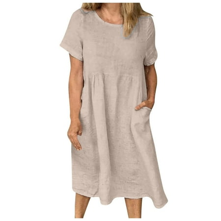 

Juebong Women s Sweatshirt Dress Casual Solid Color Short Sleeve Dress With Pockets Fashion Solid Cap Sleeve Round Neck Pocket Flowy Retro Midi Dress