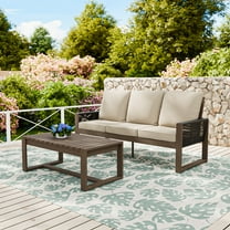 COOS BAY 2PCS Patio Conversation Sets, Natural Real Wood 3 Seater Sofa, Outdoor Solid Wood Chair with Cushion and Coffee Table, for Garden, Backyard, Beige