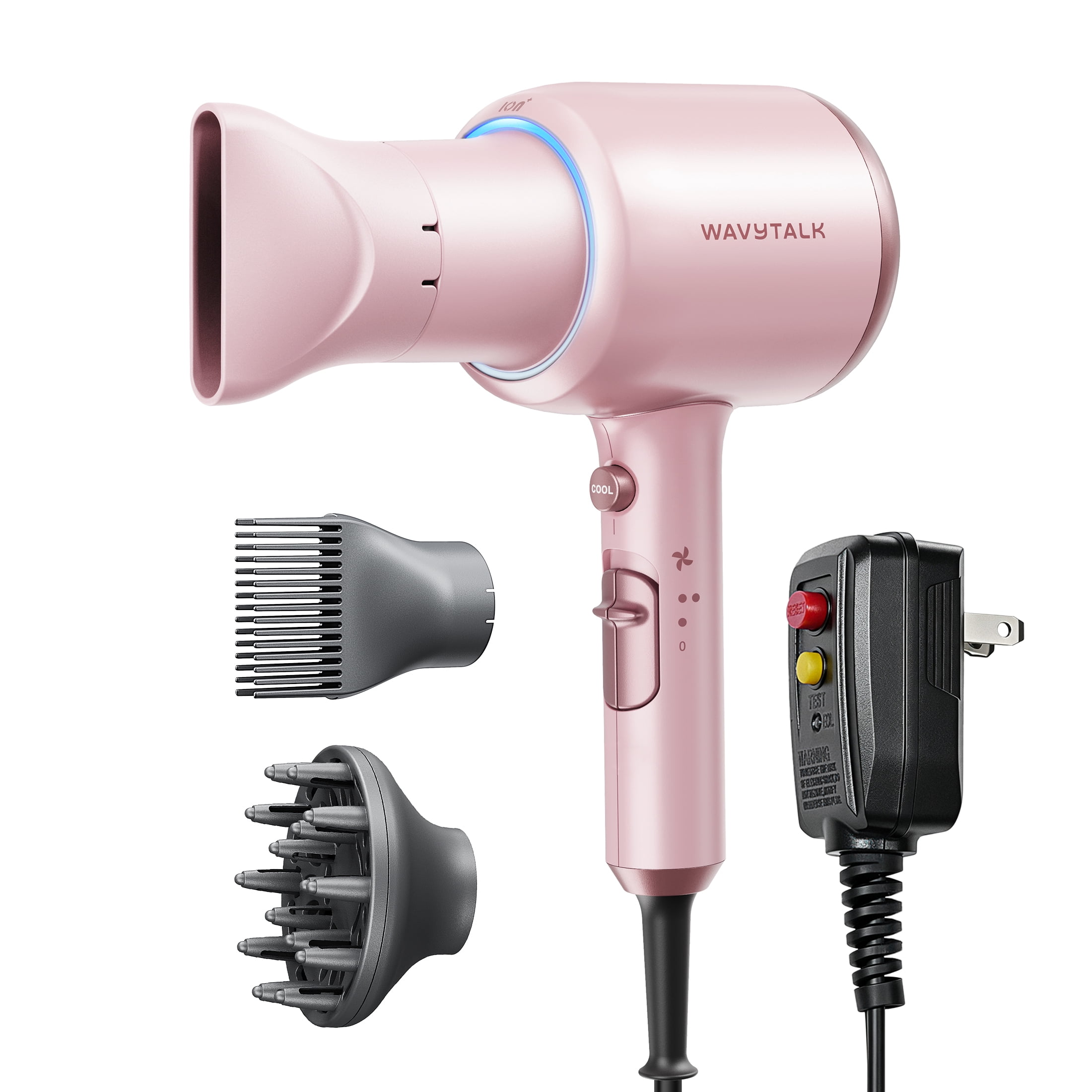 Wavytalk 1875W Hair Dryer with Diffuser, Ionic Blow Dryer for Curly Hair with Comb, 3 Attachments for All Hair Types, Light and Quiet, Pink