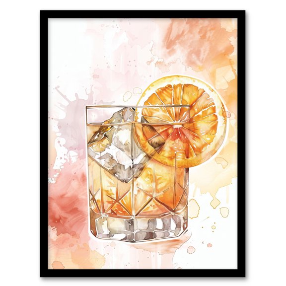 Artery8 Classic Old Fashioned Cocktail Orange Watercolour Kitchen Art Print Framed Poster Wall Decor 12x16 inch