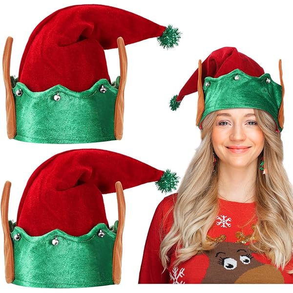 wonima02 2 Pcs Christmas Hats Elf Hat with Ears Elf Santa Hat for Adults Kids Christmas Holiday Party Accessories