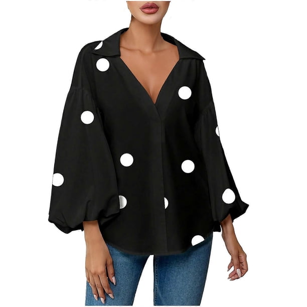 Women's Solid Color Long Sleeve Puff Sleeve Blouse Collared V Neck Top Shirts White XXXL