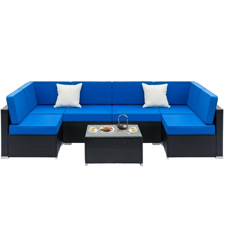 Clearance Outdoor Sectional Zimtown 7PCS Outdoor Patio Garden Furniture Sectional PE Rattan Wicker Rattan Sofa Set with Blue Cushions ()