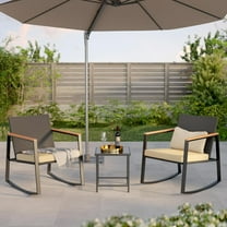 Aiho 3-Piece Wicker Rocking Patio Set w/ Glass Table, Weatherproof Cushions & Anti-Scald Arms, Beige