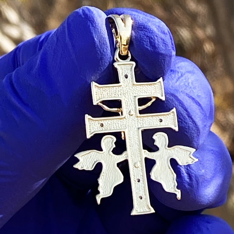 CROCE DI CARAVACA CON RILIEVO ANGELI CON CRISTO E LA LEGGENDA CARAVACA In Fusione Di Metallo Accmetalangelcordonmm