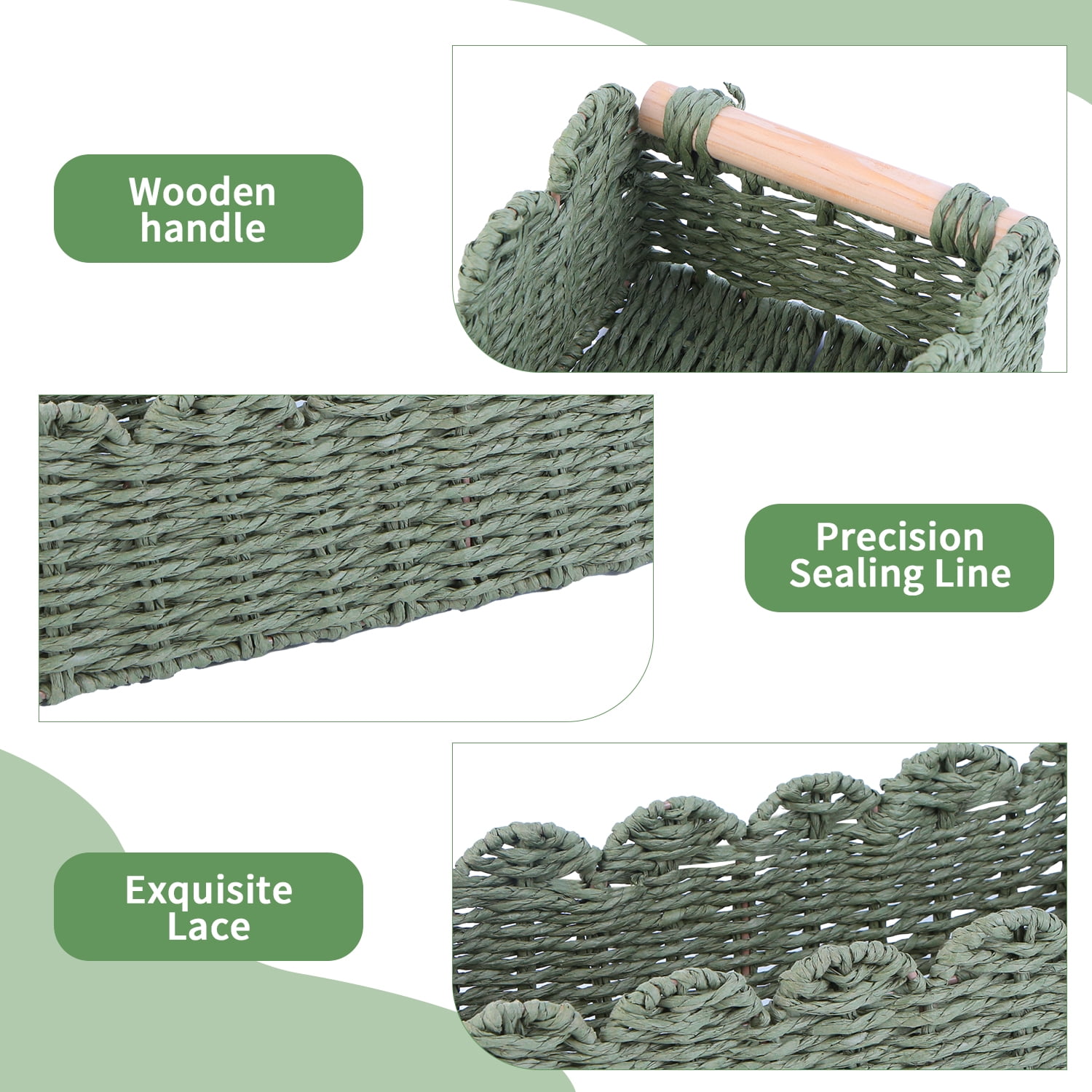 HUISZJ 2-Pack Scalloped Edge Decorative Basket,Green Hand Woven Scalloped Tray with Handles, Rectangular Rattan Storage Container for Bathroom Home Decor