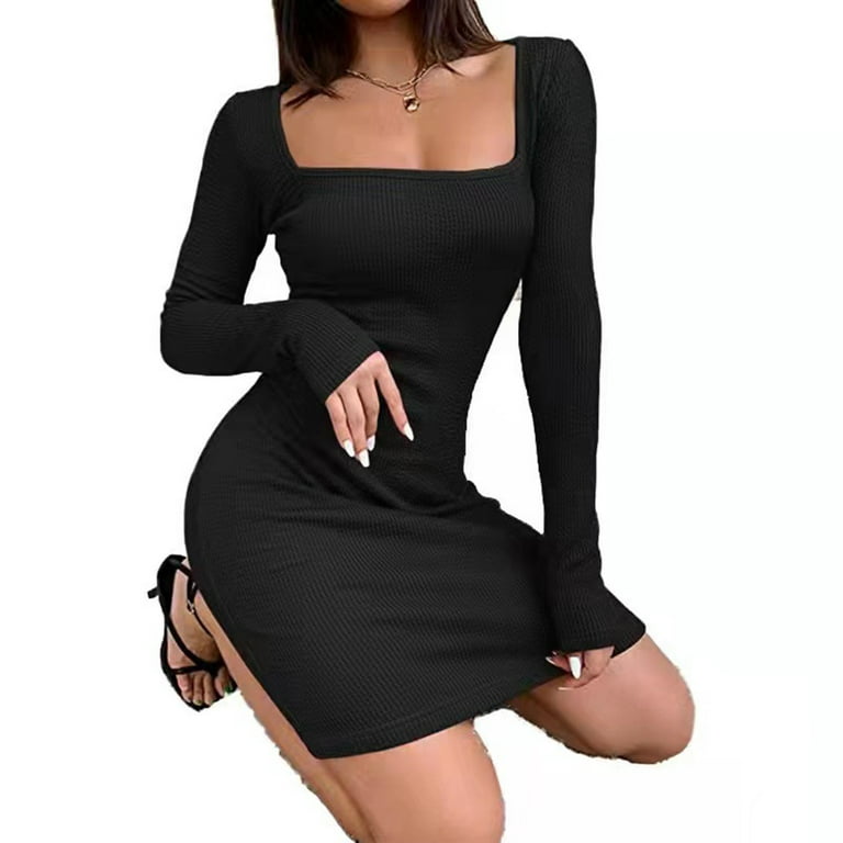 Entyinea Womens Sweater Dress Boat Neck Long Sleeve Slim Fit Solid Ribbed  Knit Pullover Dresses Black XXL 