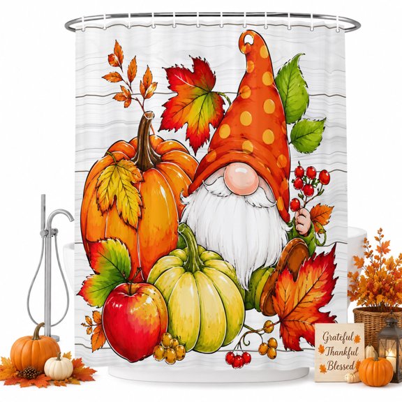 Thanksgiving Gnomes Shower Curtain Set - 72" x 78" Washable Bathtub Curtain with 12 Hooks, Fall Pumpkin Maple Leaves Wooden Gray Waterproof Fabric Stall Shower Curtains for Bathroom/Bathtub Décor