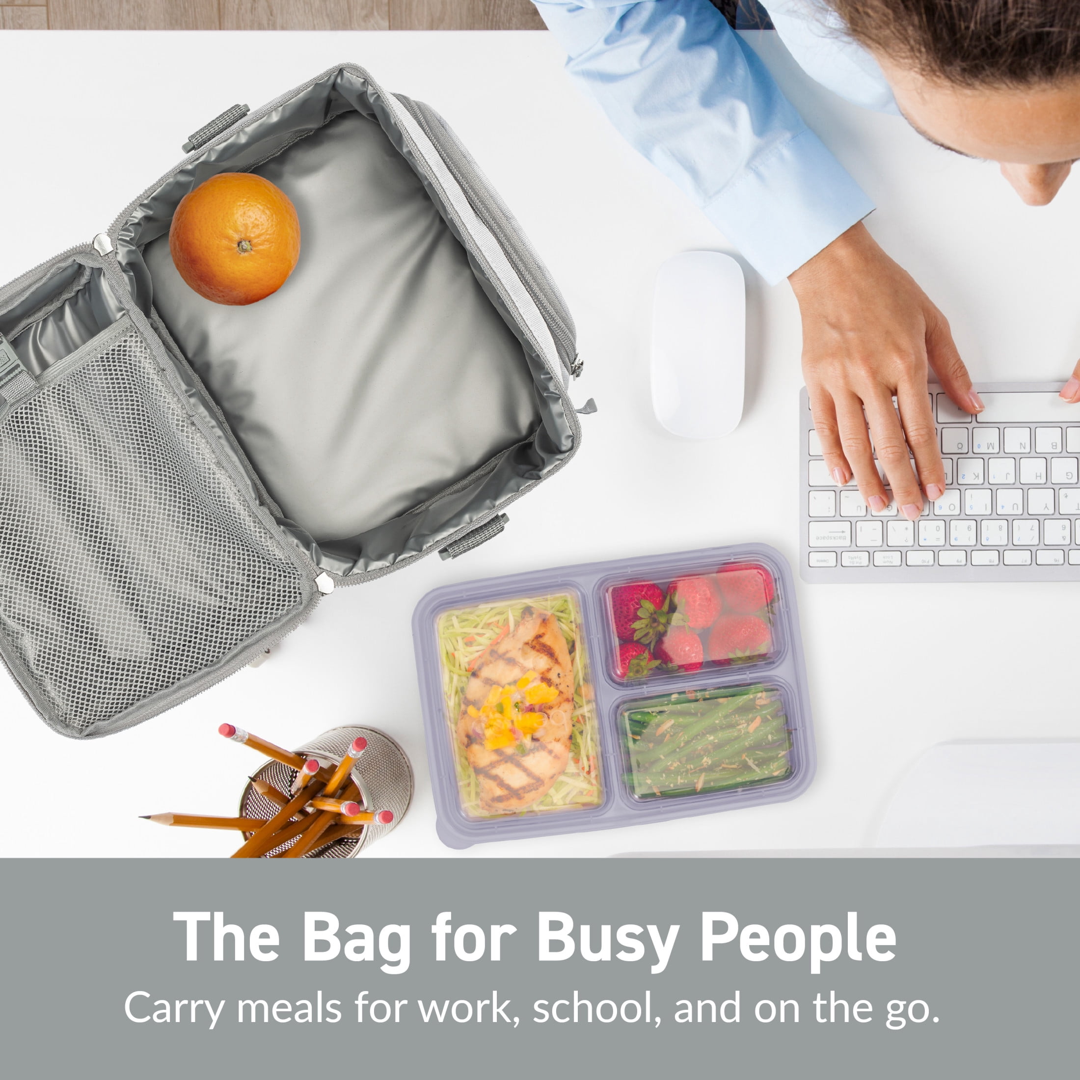 Bentgo Deluxe Lunch Bag - Durable and Insulated Lunch Tote with Zippered Outer Pocket, Internal Mesh Pocket, Padded & Adjustable Straps, & 2-Way Zippers - Fits Most Bentgo Lunch Boxes (White Marble)