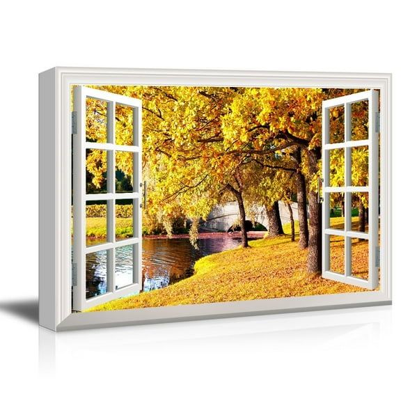 wall26 Window View Canvas Wall Art - Trees with Yellow Leaves in The Park During The Fall Season - Giclee Print Gallery Wrap Modern Home Art Ready to Hang - 24x36 inches