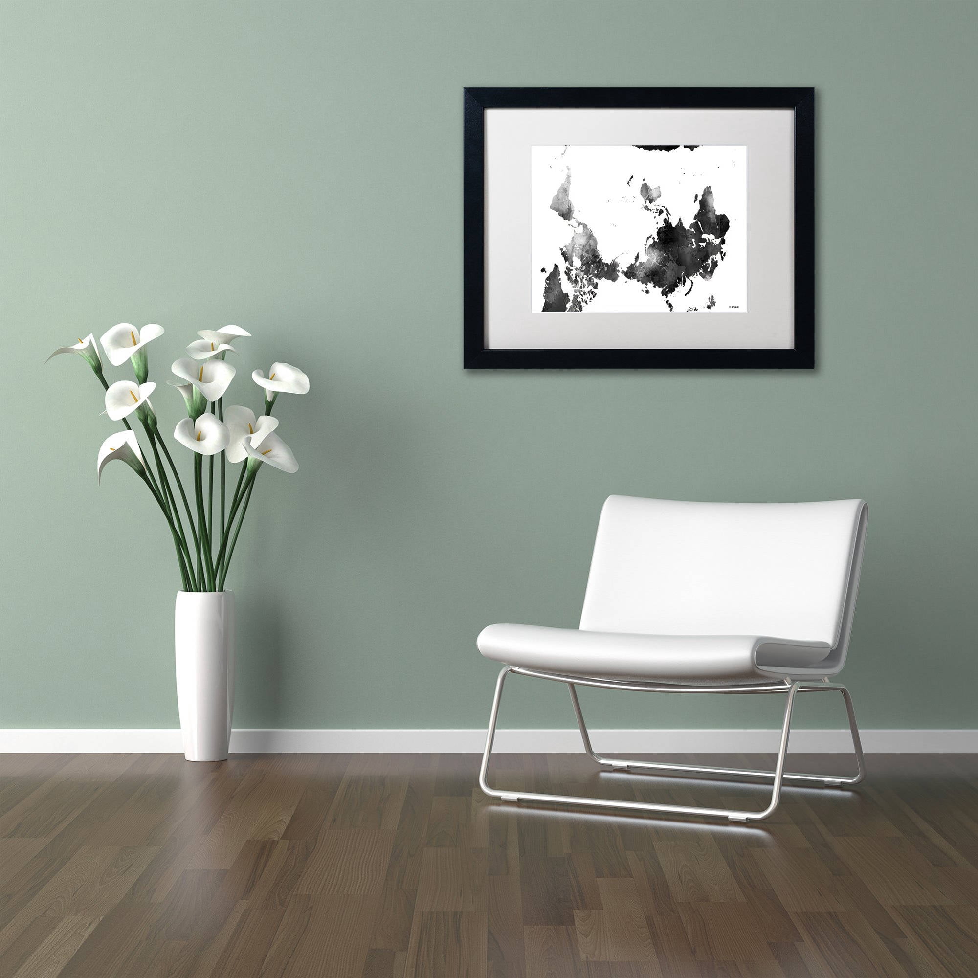 Trademark Fine Art "Upside Down Map of the World BG-1" Canvas Art by Marlene Watson, White Matte, Black Frame