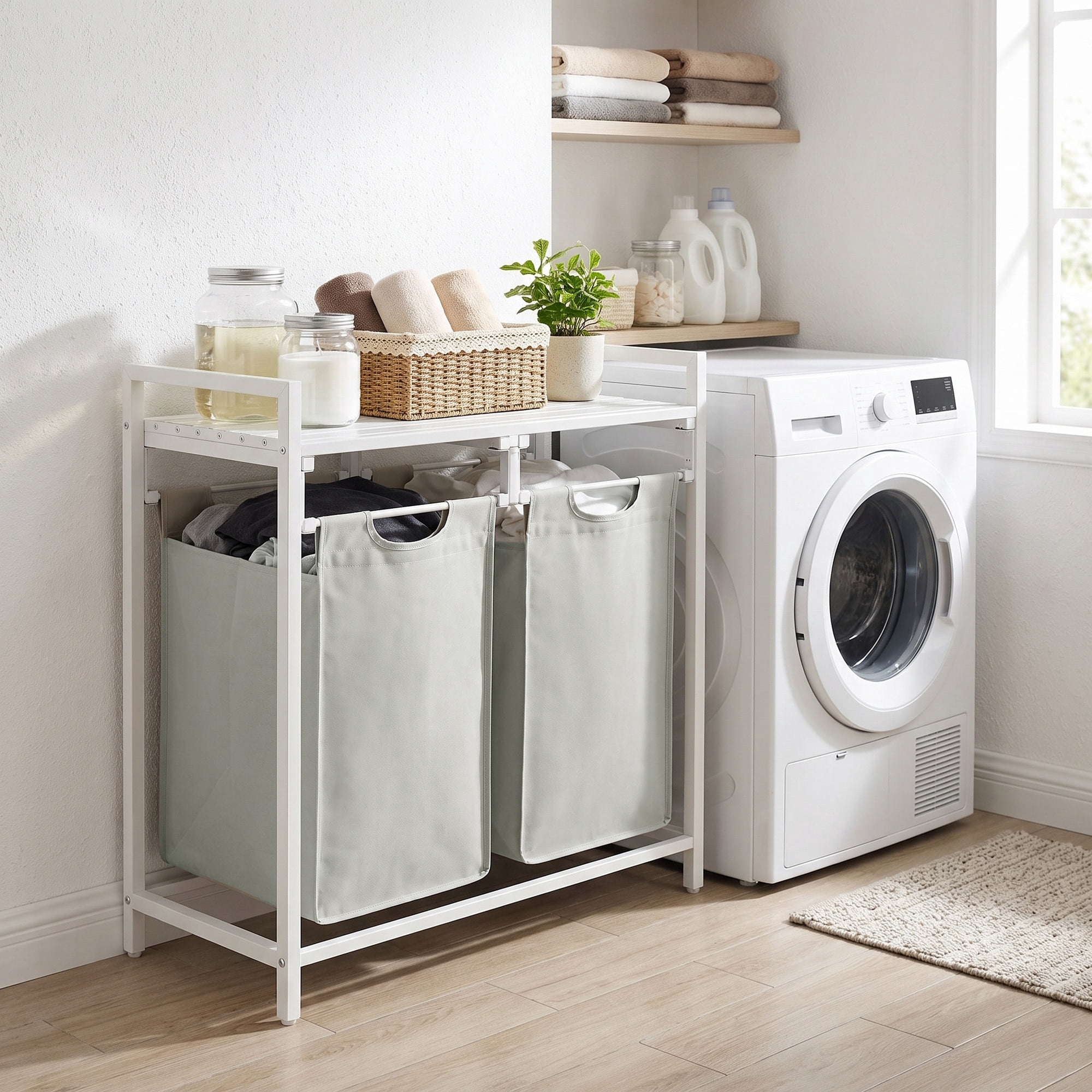 Ledrem Laundry Sorter with 2 Removable Bags and Storage Shelf, 2-Compartment Organization, White