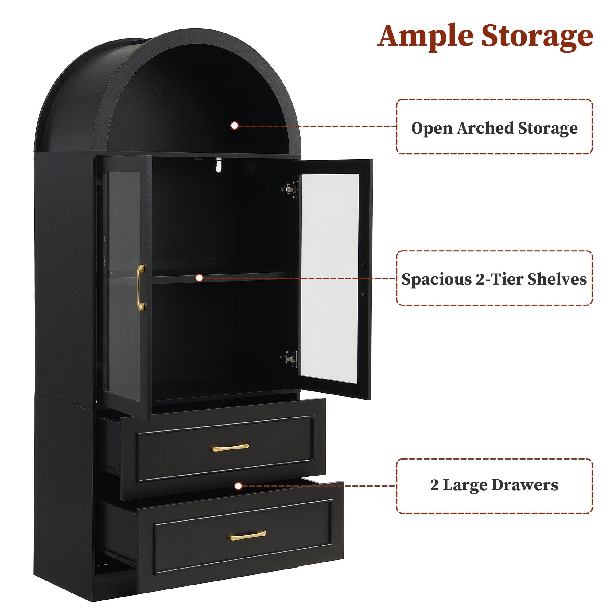 Mintazer Arched Top Tall Display Cabinet, Curved Bookcase with Glass Doors & 2 Large Drawers, Modern Freestanding Storage Hutch for Living Room Dining Room Study, Black