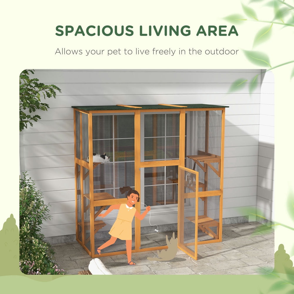 Resenkos Cat Playpen,Outdoor Cat House Big Catio Wooden Feral Cat Shelter Enclosure with Large Spacious Interior, 6 High Ledges, Weather Protection Asphalt Roof, 71" L, Orange