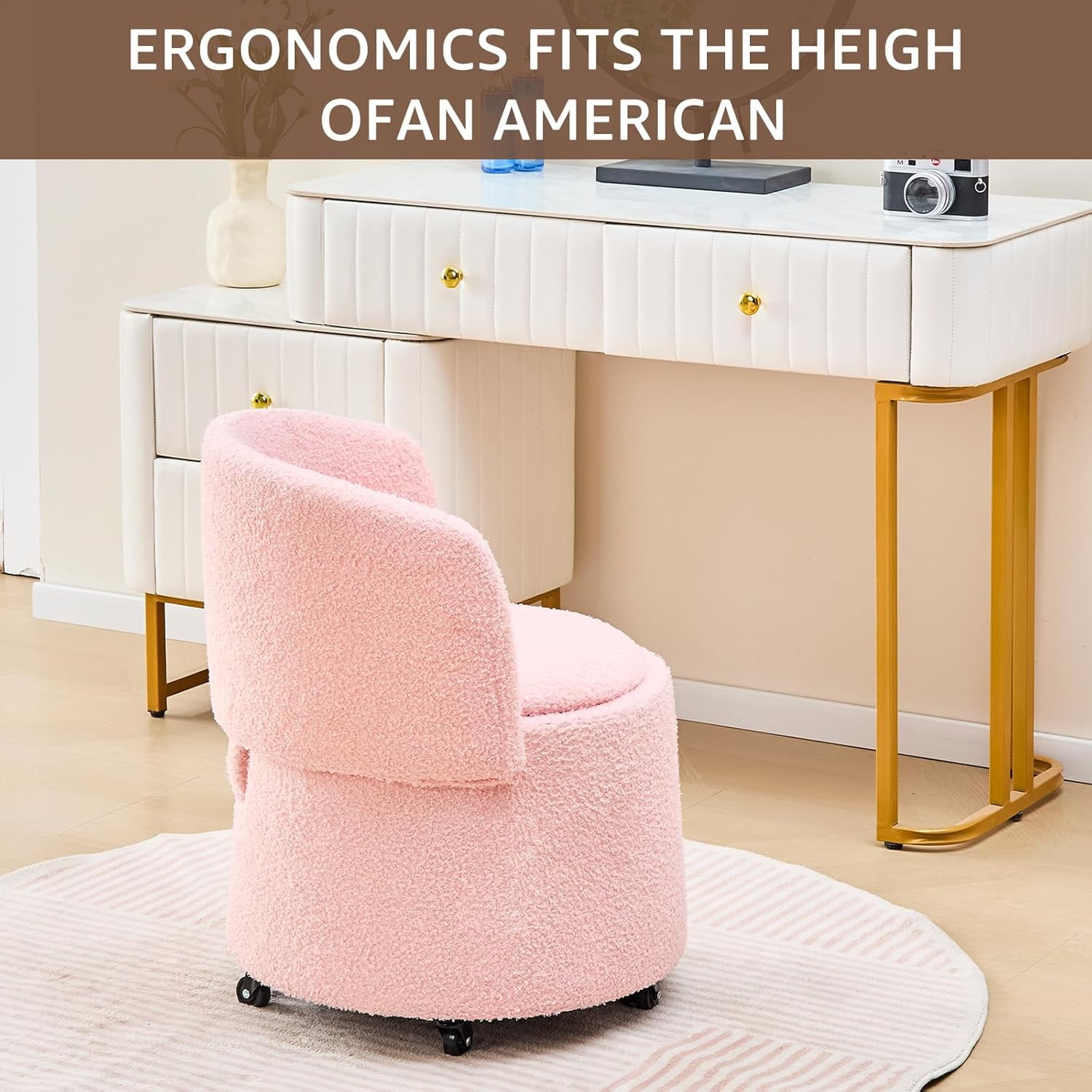 Mxfurhawa Modern Velvet Storage Ottoman – Vanity Stool with Backrest & 5 Rolling Wheels, Small Footstool for Makeup, Bedroom, or Extra Seating (Pink)