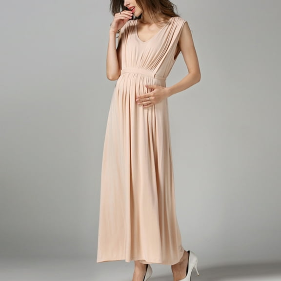Herrnalise Women's Maternity Nursing Dresses Solid Color Sleeveless Long Dress for Breastfeeding Beige