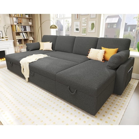 Sleeper Sofa, 110 inch Oversize - 2 in 1 Pull Out Bed, Sectional Sleeper Sofa with Double Storage Chaise for Living Room, Grey Boucle Couch