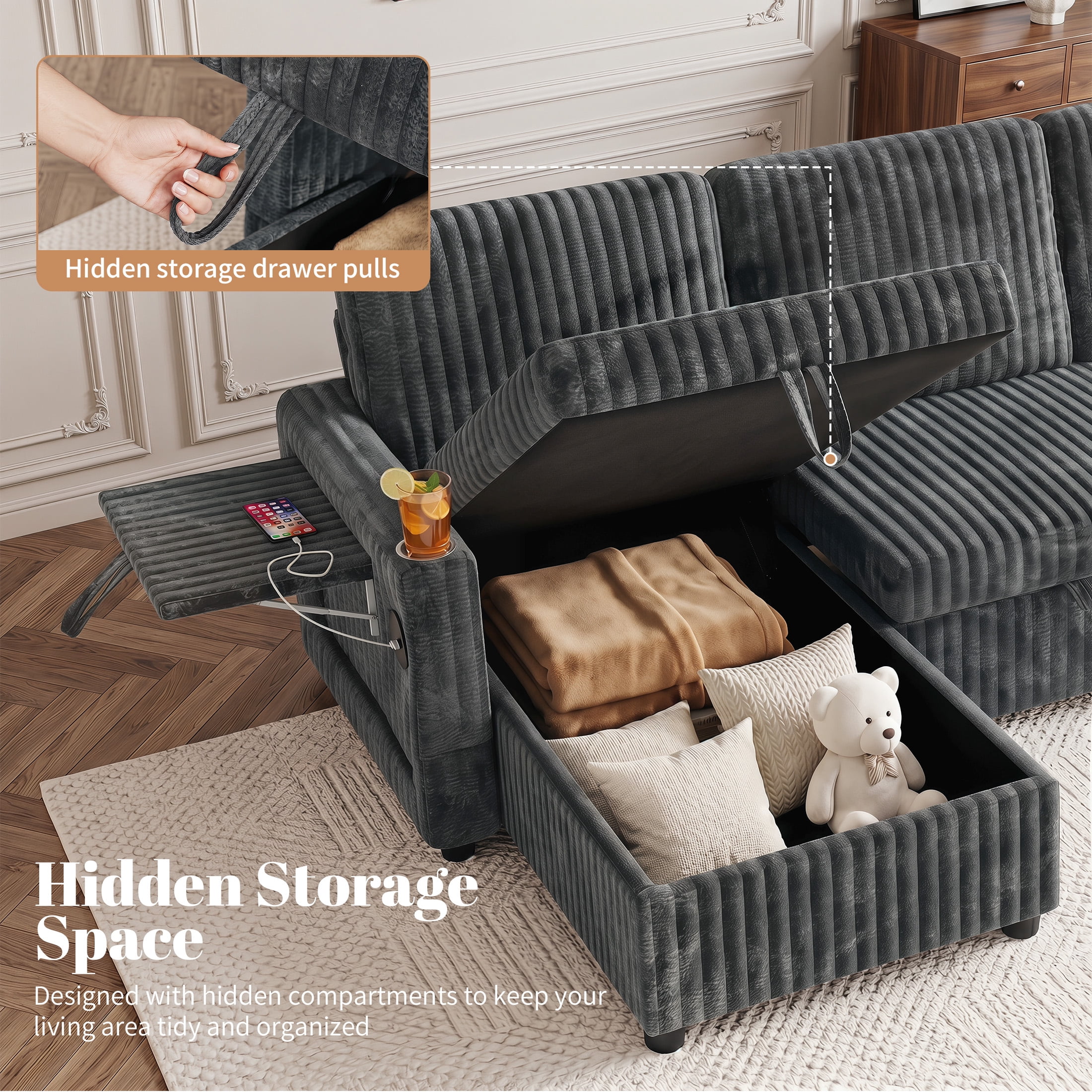 Aenkyo 110" U-Shaped Sleeper Sofa with Pull Out Bed, Storage Chaises and USB, Dark Gray