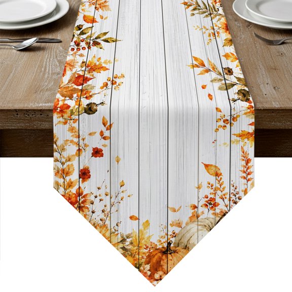 Fall Thanksgiving Table Runner Linen Burlap Table Runner 72 Inches Long Farmhouse Pumpkin Maple Leaf Flower Wood Dresser Scarves for Kitchen Island Coffee Dining Room Party Holiday Decoration 16"x72"