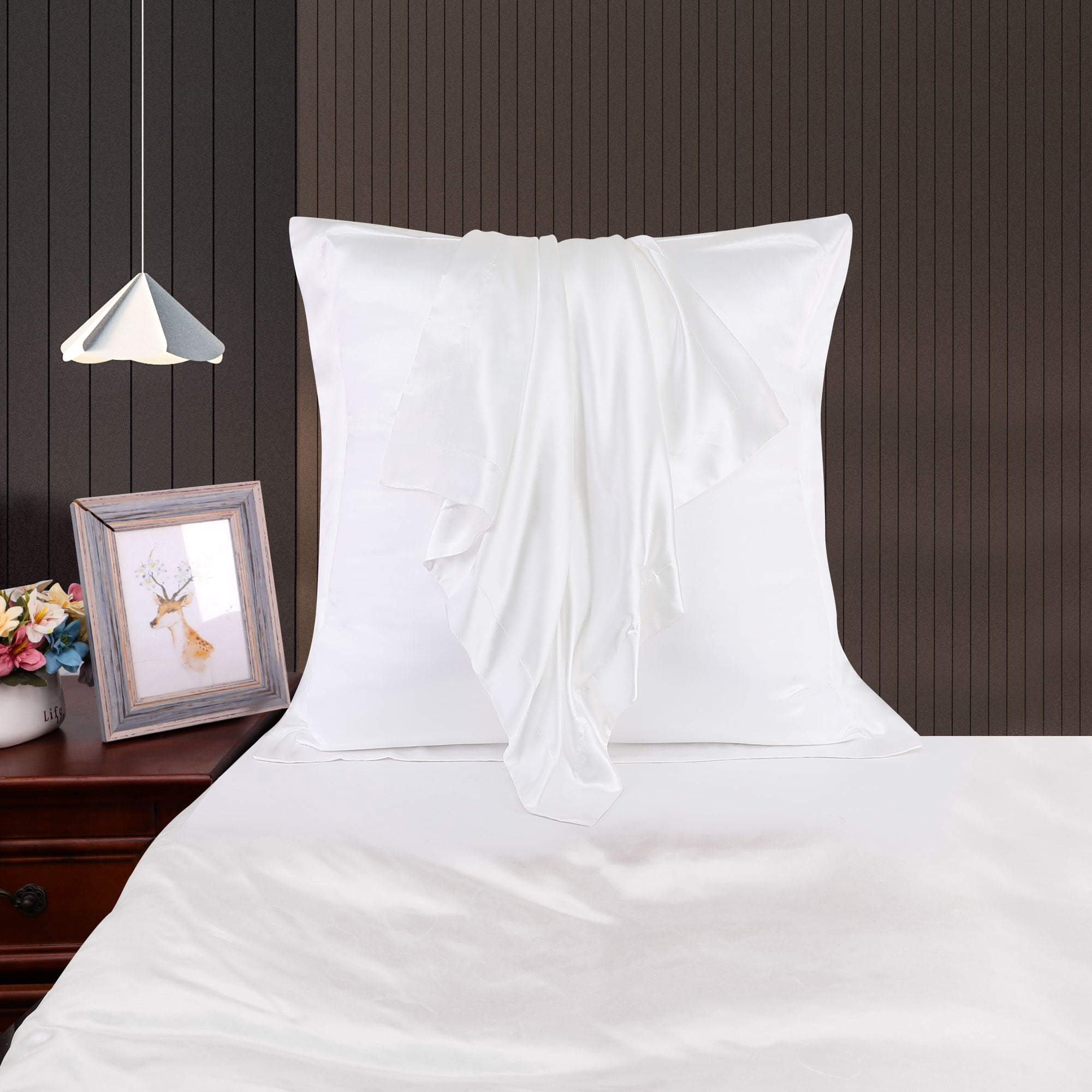 Unique Bargains Retro Satin Ruffle Pillowcases 2Pack with Envelope White 26"x26"