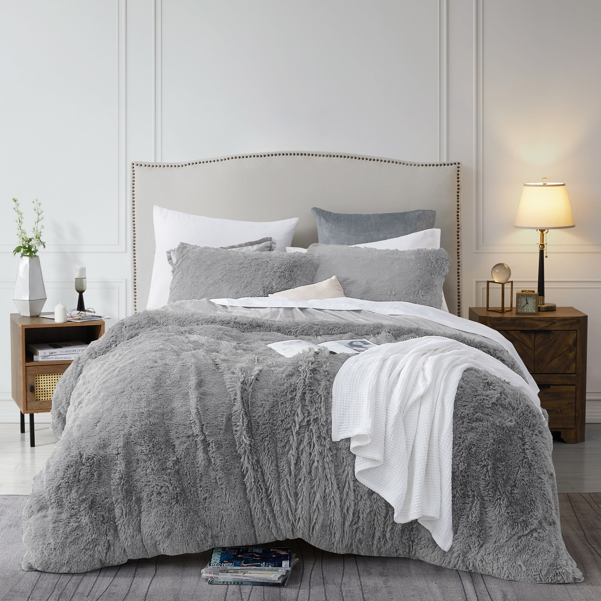 Long Plush Shaggy Duvet Cover Set - Silver - Queen