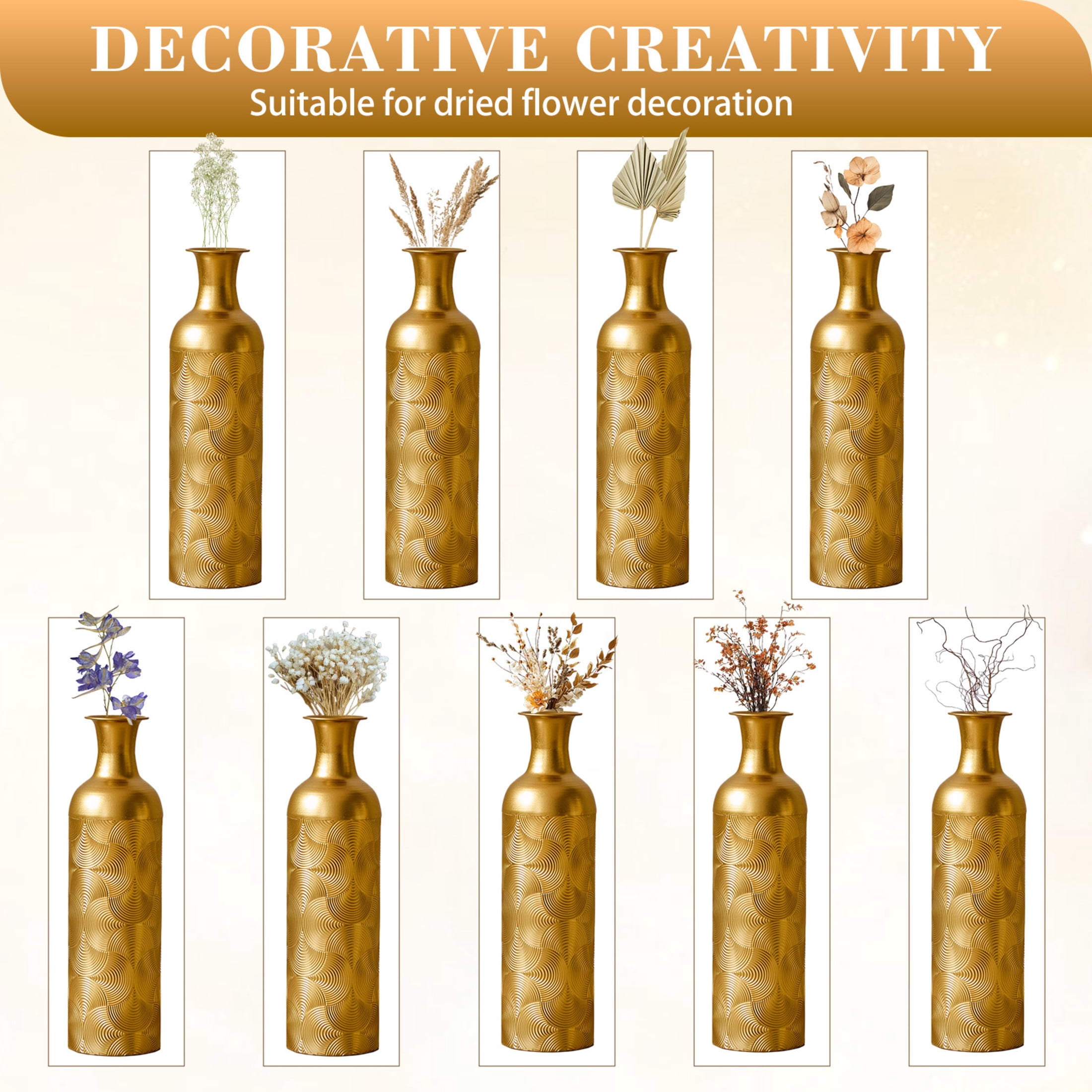 Noble House 3-Piece Metal Floor Vase Set, 32.68", 25.98", 19.69" Decorative Vases with Wave Pattern, Gold