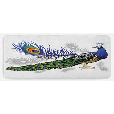 Peacock Kitchen Mat, Male Peacock Feathers Springtime Wilderness Crowned Majestic Animal Pattern, Plush Decorative Kitchen Mat with Non Slip Backing, 47" X 19", Multicolor, by Ambesonne