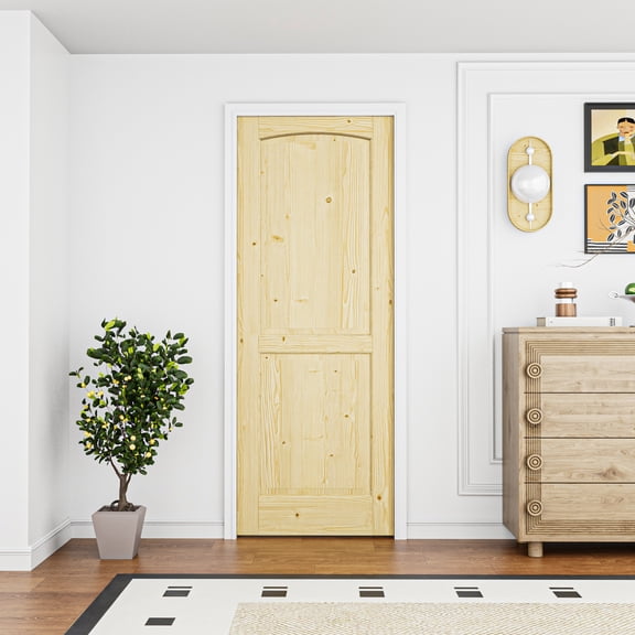 24" x 80" Arch Top 2 Panel Door Slab, Paintable Interior Shaker, Suitbale For Living Room, Pantry, Laundry Room As Prehung, Pocket Door, French Door, Barn Door, Pine Wood, Unfinished