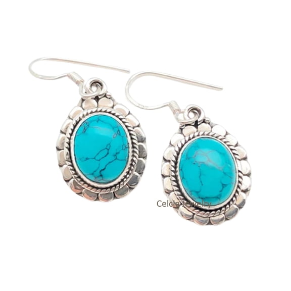 Solid 925 Sterling Silver Dangle Teardrop Earrings For Women, Natural Turquoise Gemstone Beautiful Handcrafted December Birthstone Gifts