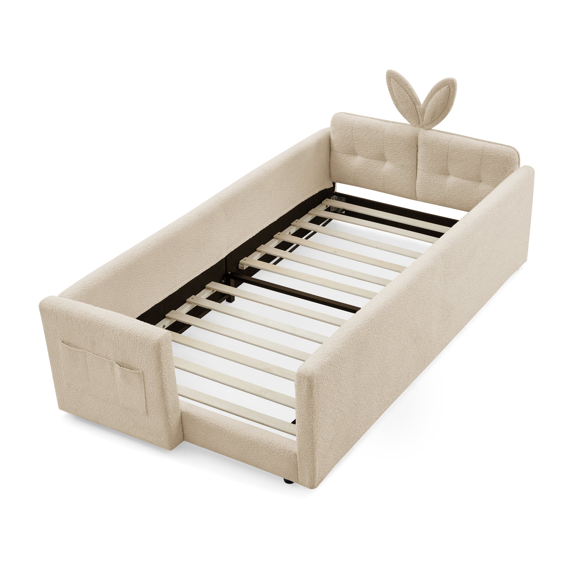 GARITIN Twin Size Upholstered Platform Bed, Rabbit Ear Shaped Headboard with Safety Rail and Pocket for Kids Room, Camel