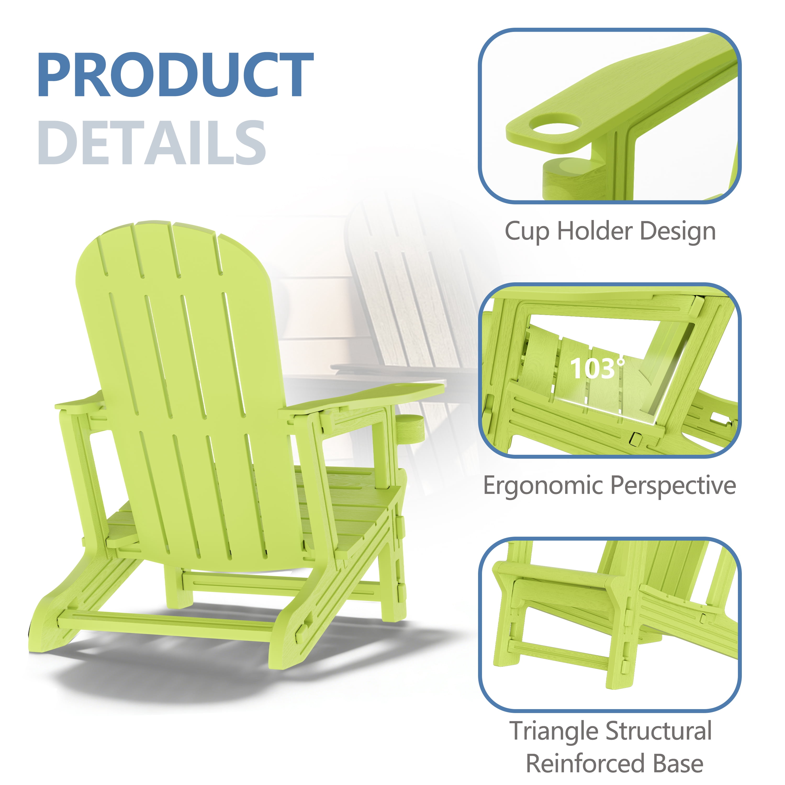 Walsunny Adirondack Chairs Set of 2 HDPE Outdoor Chair Set with Connecting Tray Cup Holder Removable Tabletop Pull-Out Footrest,All-Weather HDPE Outdoor Chair Set,Green