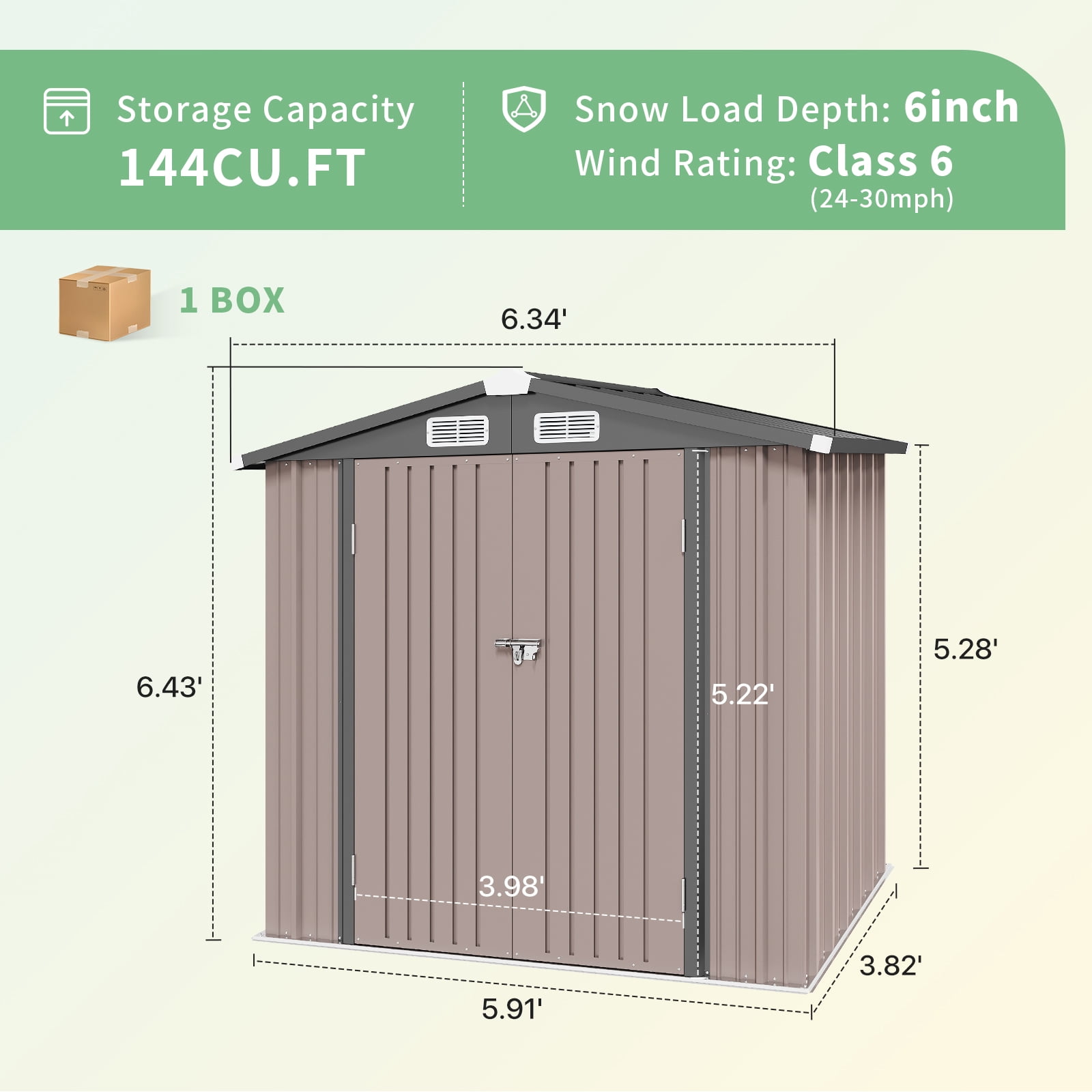 BaPiPro 6.2x4 FT Outdoor Storage Shed with Integrated Base - Heavy-Duty Metal Garden Tool Shed with Vents & Secure Locking Doors, Brown