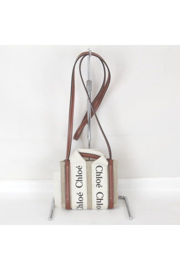 Pre-Owned Chlo Chloe Woody Nano Tote Bag with Tag and Strap, Linen/Cotton/Leather, Beige,...
