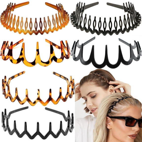 ACDANC 6 Pcs Zig Zag Headbands Plastic Wavy Hair Head Band Comb with Teeth Hoop Accessories for Women Men Girls,Versatile Bright Black&Retro Leopard Headband with Teeth