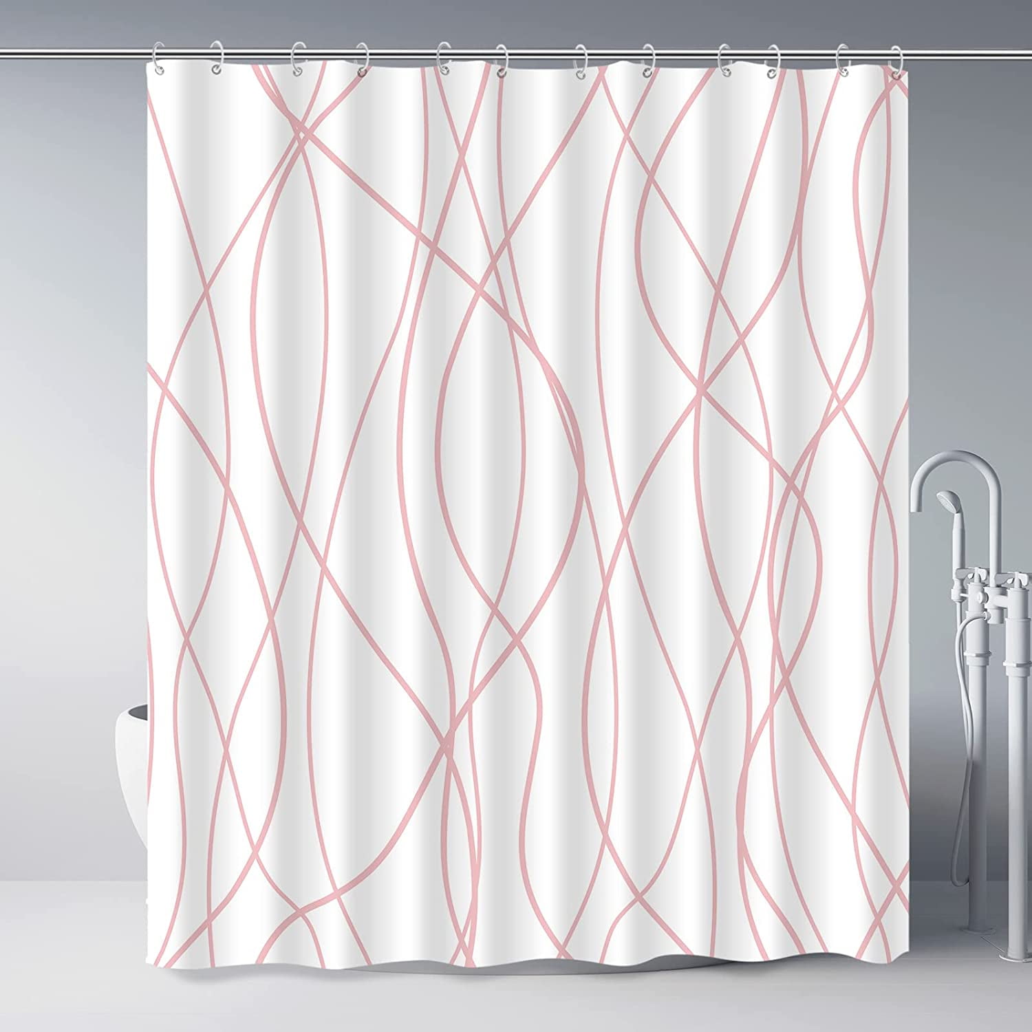 Pink Shower Curtain for Bathroom with Hooks,Shower Curtain Set Stripe