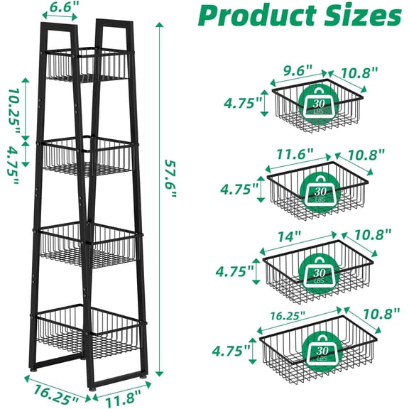 4 Tier Wire Market Basket Stand for Kitchen Storage, Fruit Vegetable Organizer Rack with Black Metal Frame