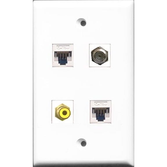 RiteAV - 1 Port RCA Yellow and 1 Port Coax Cable TV- F-Type 2 Port Cat5e Ethernet White Wall Plate