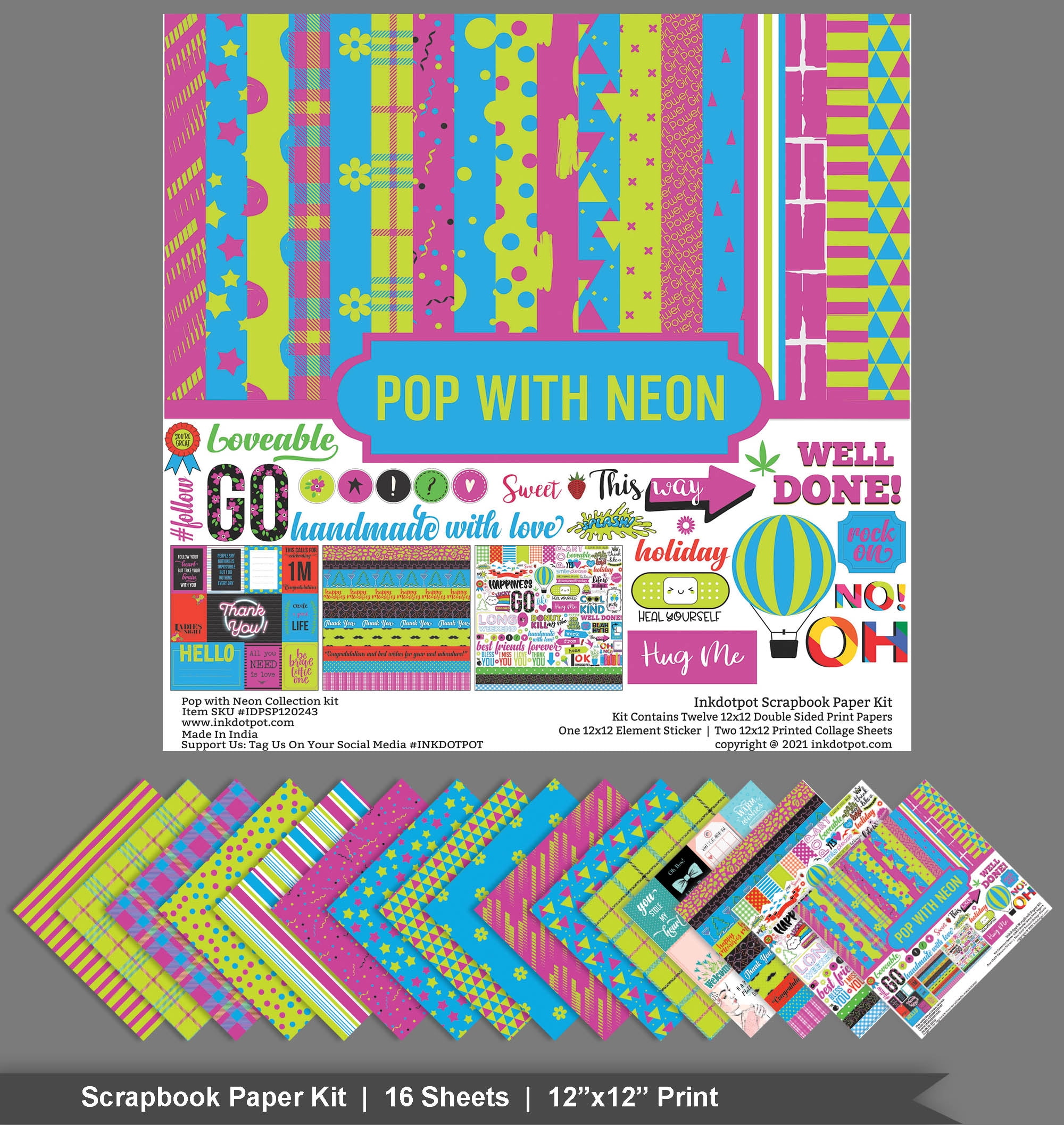Inkdotpot Pop With Neon Collection Double,Sided Scrapbook Paper Kit Cardstock 12"x12" Card Making Paper Pack Of With Sticker Sheet - 16 Pages - Pink, Blue & Green